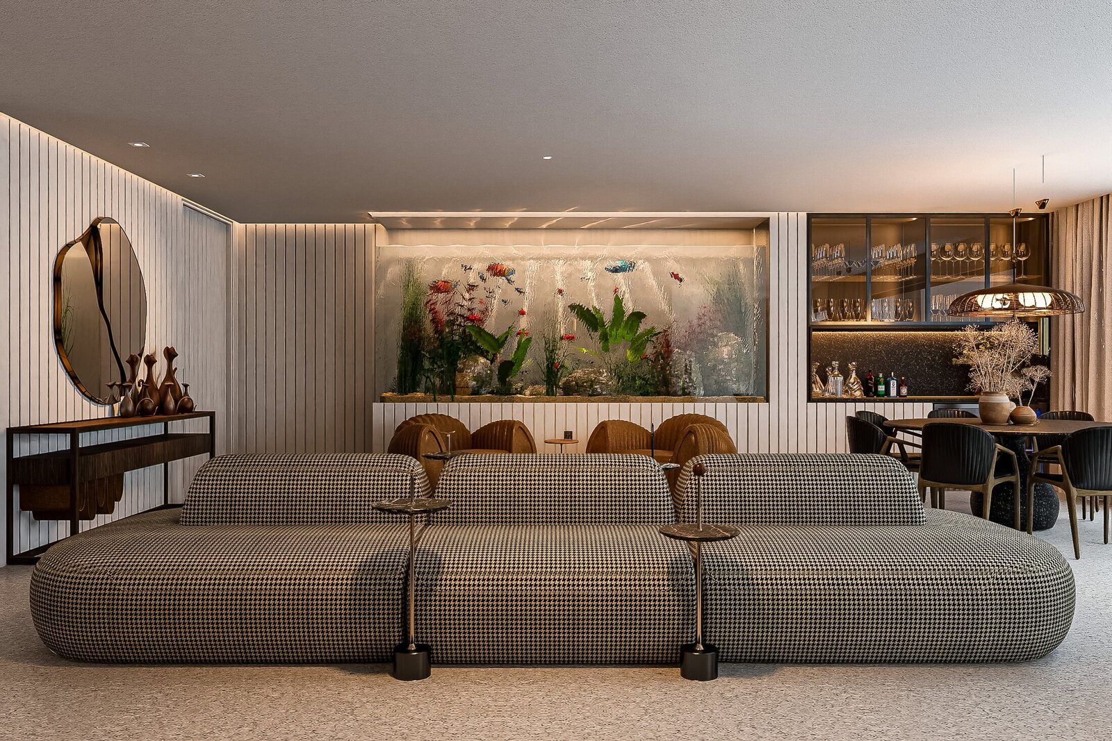 Chess Apartment living, art and bar view